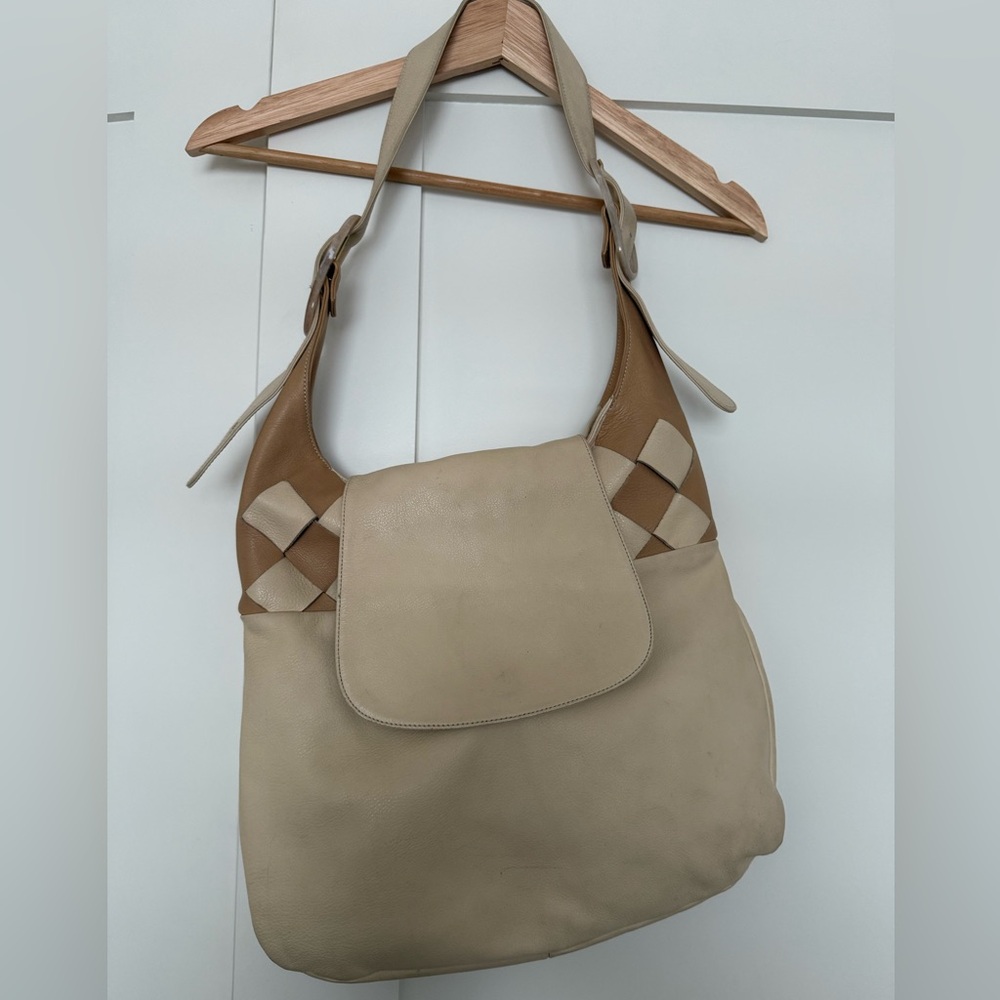 Vintage Italian Leather Woven Hobo Shoulder Bag - Cream & Tan - Boho Chic